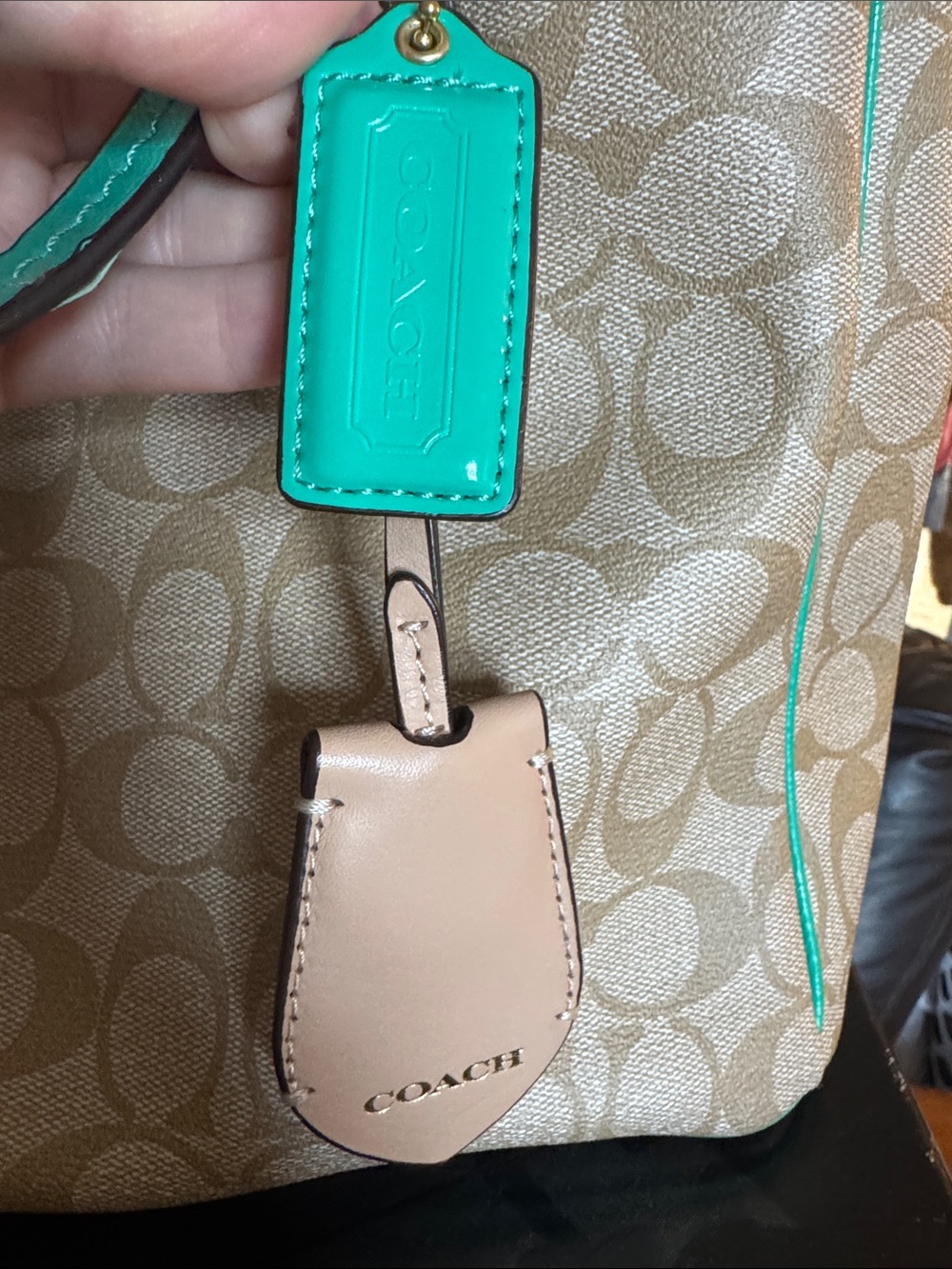 Coach Beige Signature Tote with Teal Trim and Straps - Picture 2 of 7